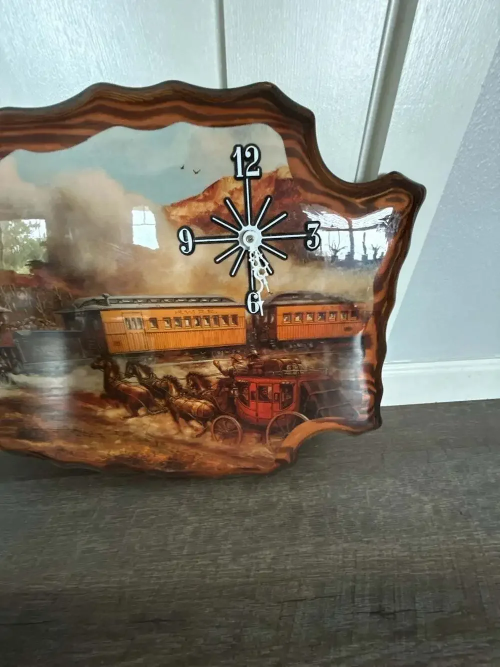 Western Arrowhead Shaped Wooden Wall Clock w/Steam Train & Horse Carriage Scene